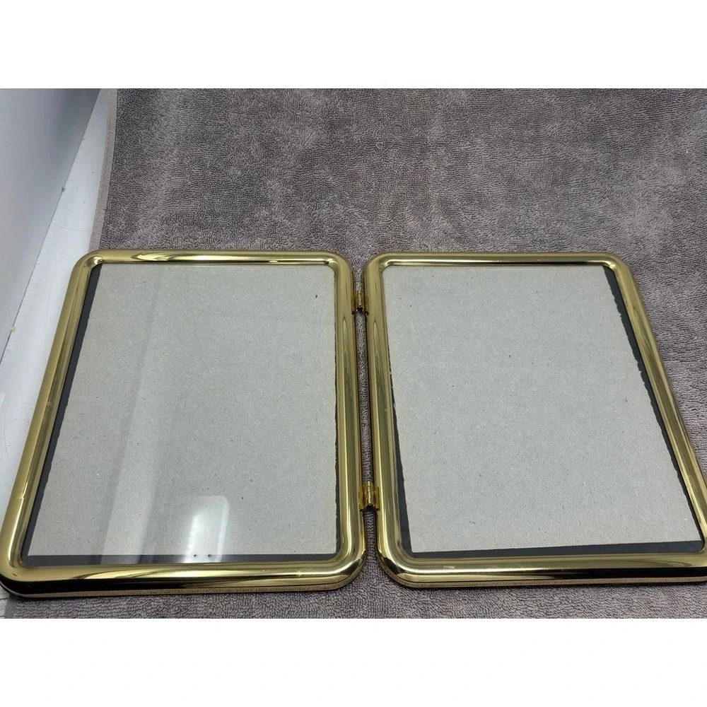 Vtg Solid Brass Double Folding Picture Frame 8x10 Gold Hand Polished